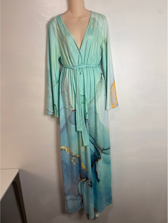 Noracora Dresses & Skirts - Long Sleeve Maxi Dress with Abstract Aqua and Gold Print